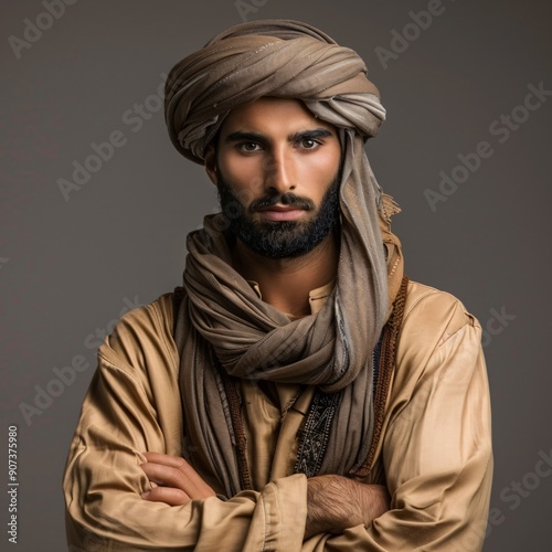 Portrait of a Young Man Wearing a Traditional Headscarf