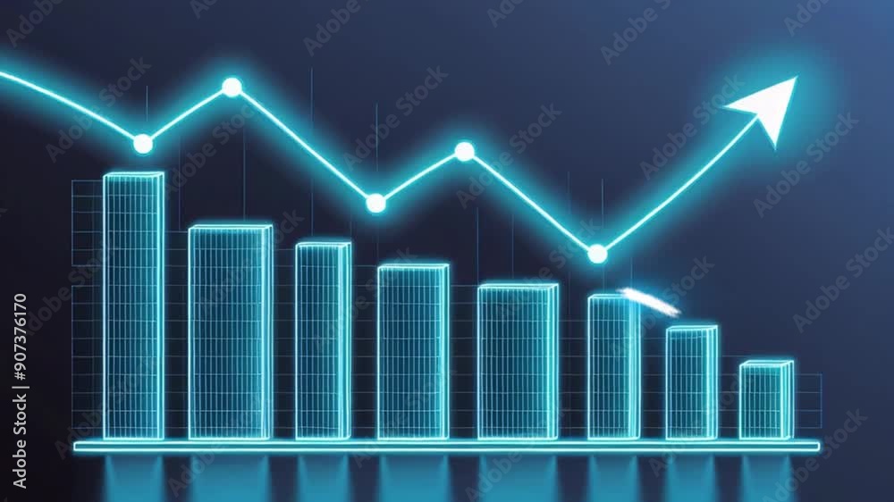 Neon blue graph with an upward arrow. Neon blue graph with an upward arrow.