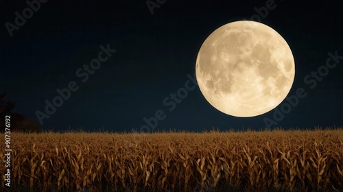 A harvest moon rising over a field of corn and pumpkins