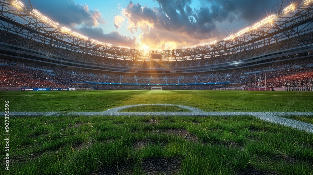 Sunset Overlook at a Packed Stadium During an Intense Soccer Match in Progress. Generative AI
