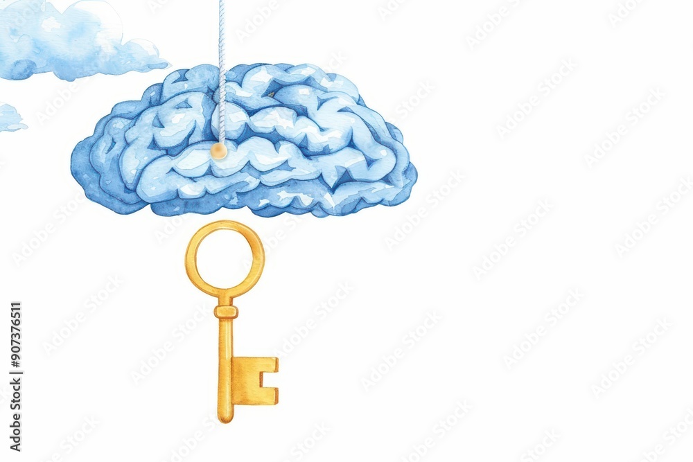 A light watercolor illustration of a golden key and brain floating in the sky A light watercolor illustration of a golden key and brain floating in the sky