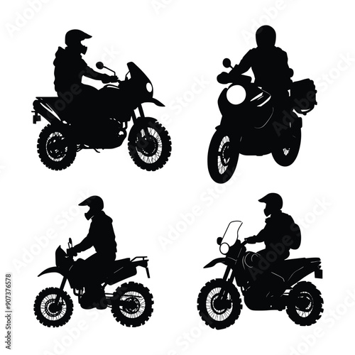 Four black silhouettes of motorcyclists on white background. Illustration vector.