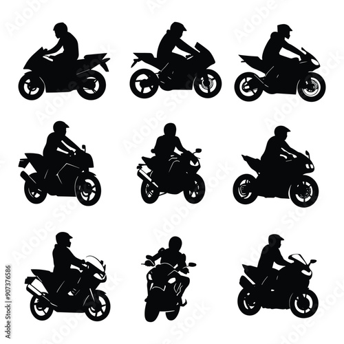 Set of nine motorcycle rider silhouettes in black on white background.
