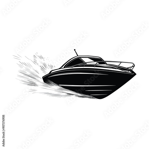 Black and white illustration of a speedboat cutting through the water.