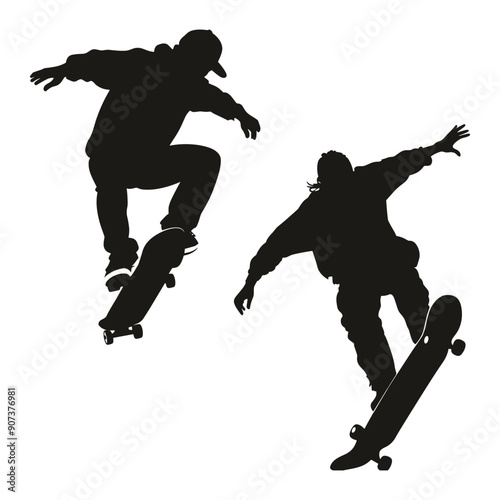 Silhouettes of two skateboarders performing tricks.