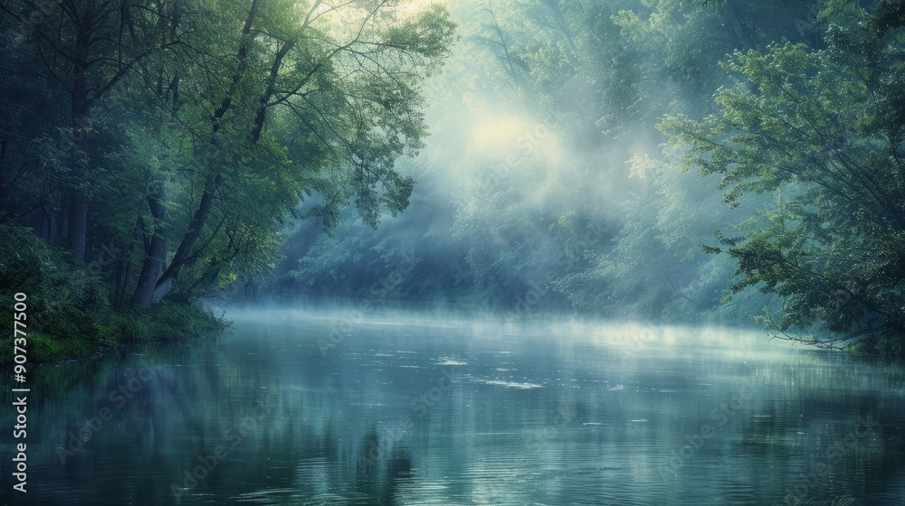 mystical riverbank, enveloped in a magical, glowing mist mystical riverbank, enveloped in a magical, glowing mist