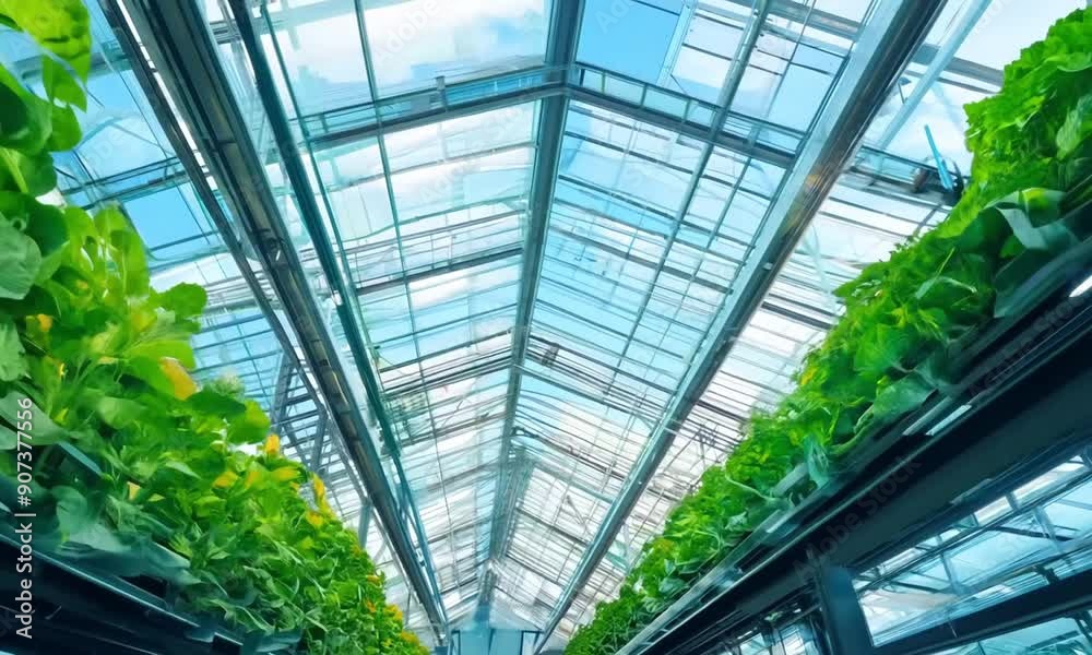Lush, colorful vegetables are growing in a futuristic vertical farm, with rows of vibrant greens, reds, and yellows Lush, colorful vegetables are growing in a futuristic vertical farm, with rows of vibrant greens, reds, and yellows