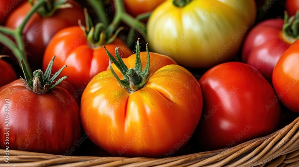 A close-up of colorful heirloom tomatoes in a wicker basket A close-up of colorful heirloom tomatoes in a wicker basket