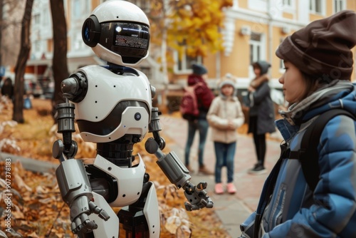 Group of individuals seated around a robot, intrigued by the advanced machinery before them, A human introducing a robot to their friends, AI generated