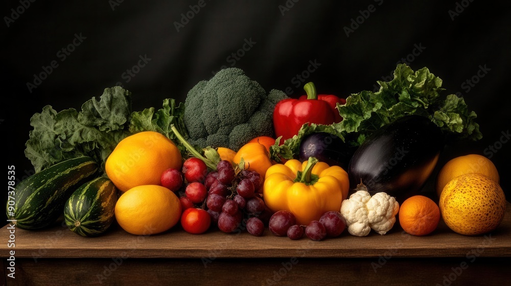 A detailed still life of various harvest fruits and vegetables on a wooden table A detailed still life of various harvest fruits and vegetables on a wooden table