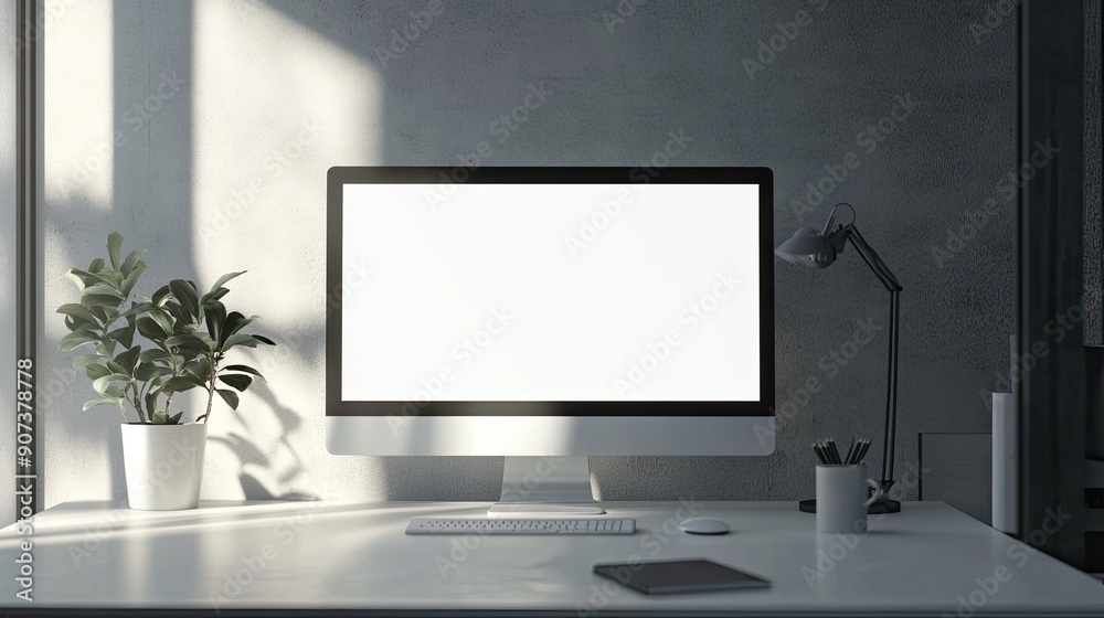 Clean and modern workspace with a blank digital screen, perfect for inserting text for advertisements Clean and modern workspace with a blank digital screen, perfect for inserting text for advertisements