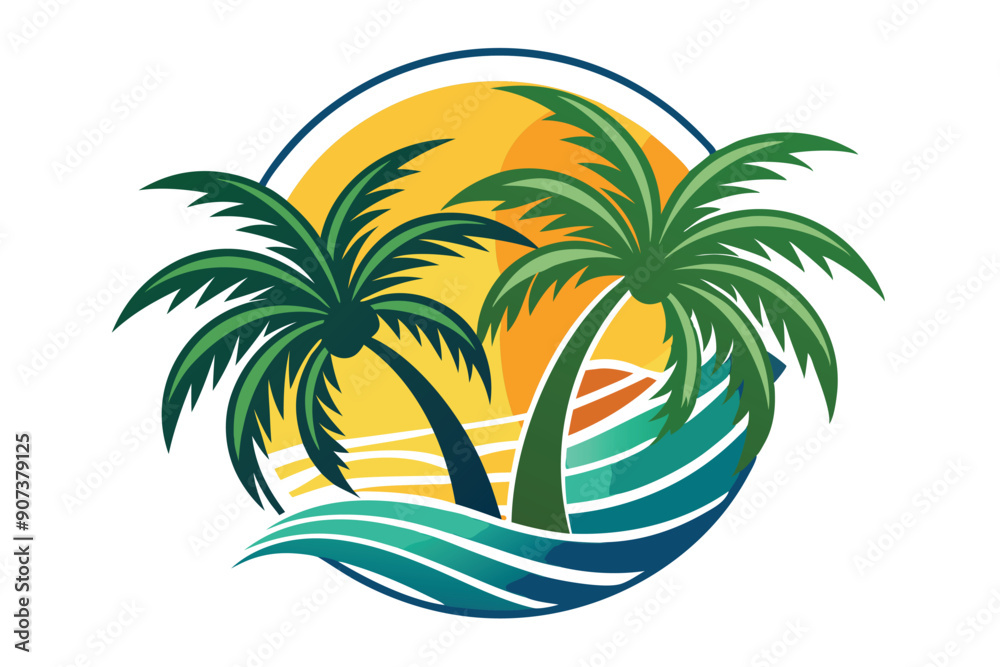Two Palm Trees Silhouetted Against an Orange Sunset Over Wavy Blue Water Two Palm Trees Silhouetted Against an Orange Sunset Over Wavy Blue Water