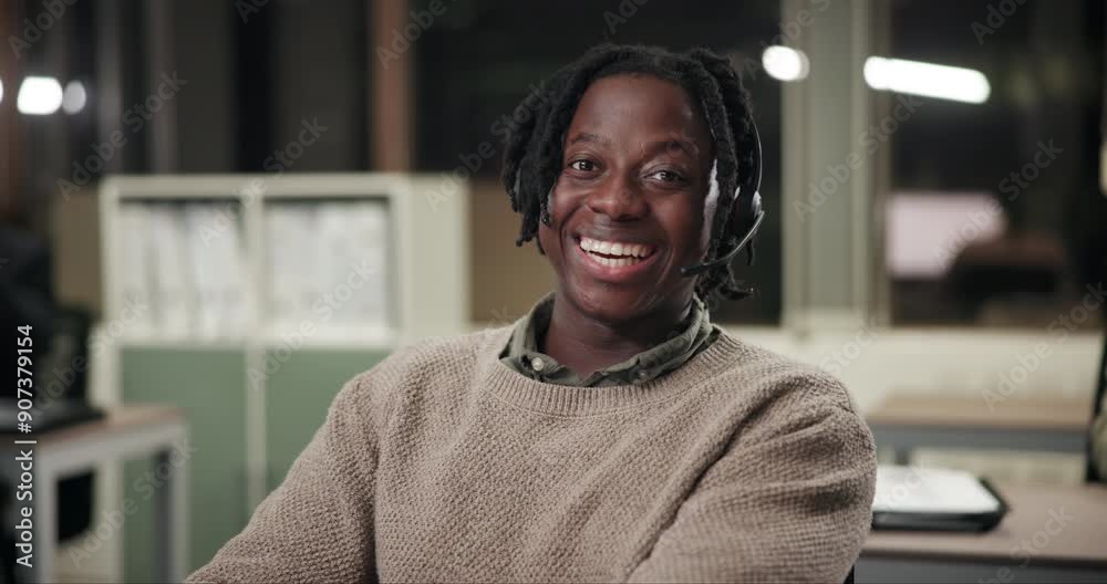 Face, smile and black man in telemarketing office for customer service, consulting and business crm. Male advisor or agent, inbound call center and headphone for listening, communication and support. Face, smile and black man in telemarketing office for customer service, consulting and business crm. Male advisor or agent, inbound call center and headphone for listening, communication and support.