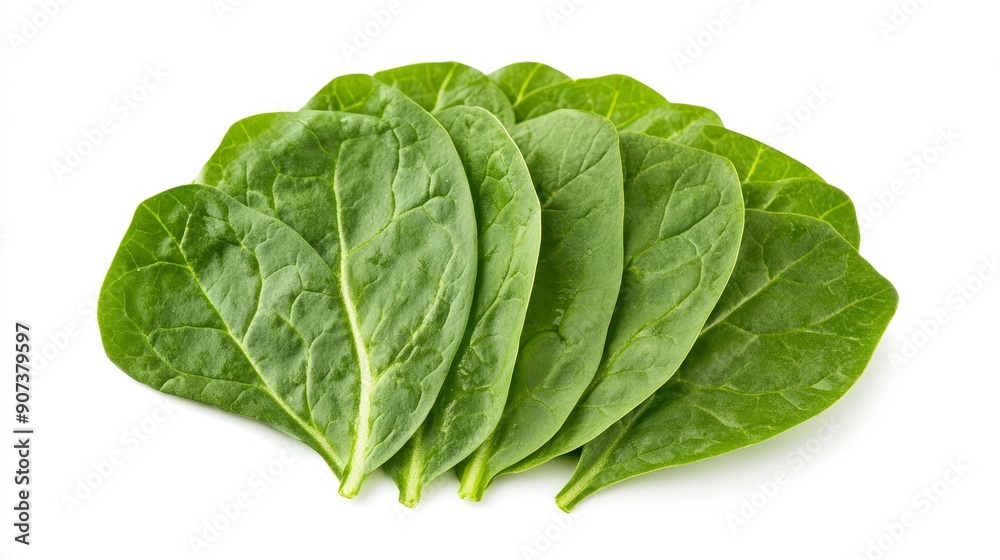 Sliced spinach leaves arranged in a fan pattern, highlighting their fresh, tender texture and rich color. Pure white background for clarity