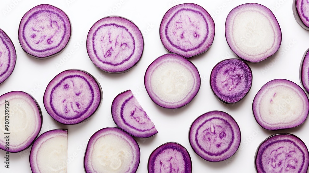 Slices of aubergine arranged in a fan pattern, highlighting the contrast between the dark purple skin and the light flesh. Crisp, clean white background Slices of aubergine arranged in a fan pattern, highlighting the contrast between the dark purple skin and the light flesh. Crisp, clean white background