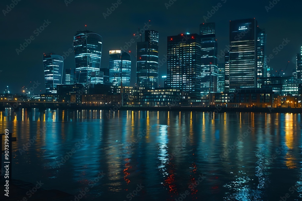 Naklejka premium Aerial drone night shot from iconic Canary Wharf illuminated skyscrapers business and financial area, Docklands, Isle of Dogs, London, United Kingdom