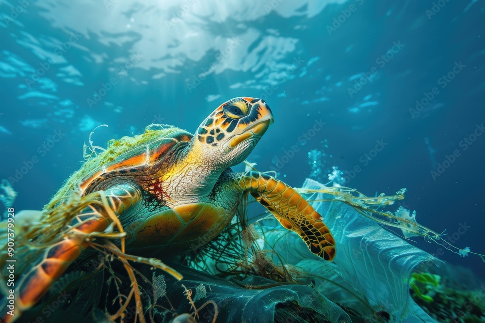 Fototapeta premium A sea turtle is entangled in plastic debris underwater, an environmental problem, animals suffer from human actions. Pollution of the sea.