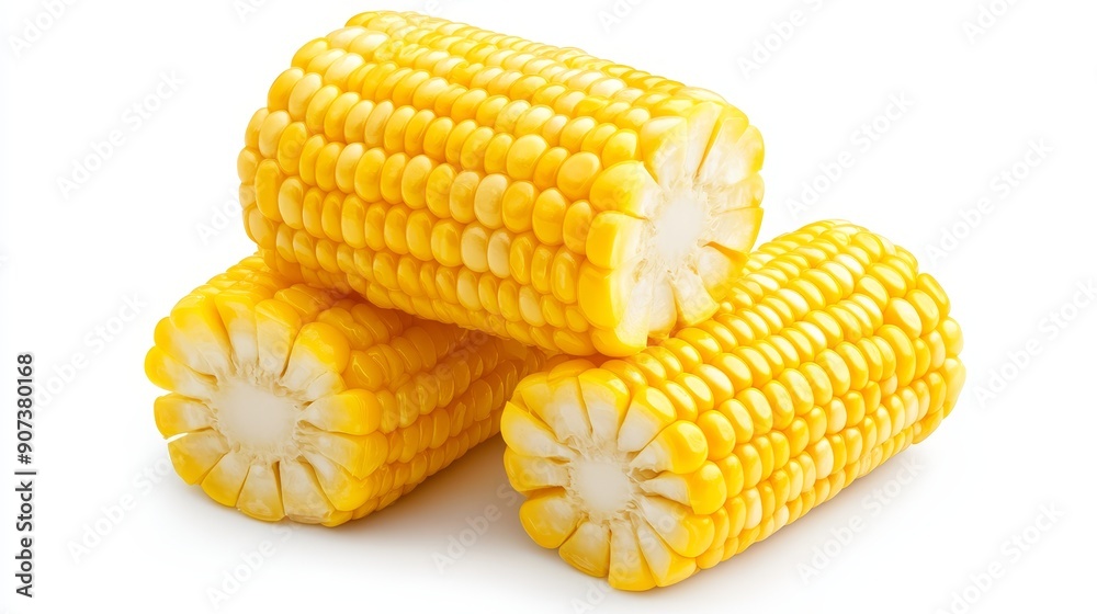 Sweet corn rounds, each slice showing the uniform rows of kernels. The bright yellow contrasted against a simple white background Sweet corn rounds, each slice showing the uniform rows of kernels. The bright yellow contrasted against a simple white background