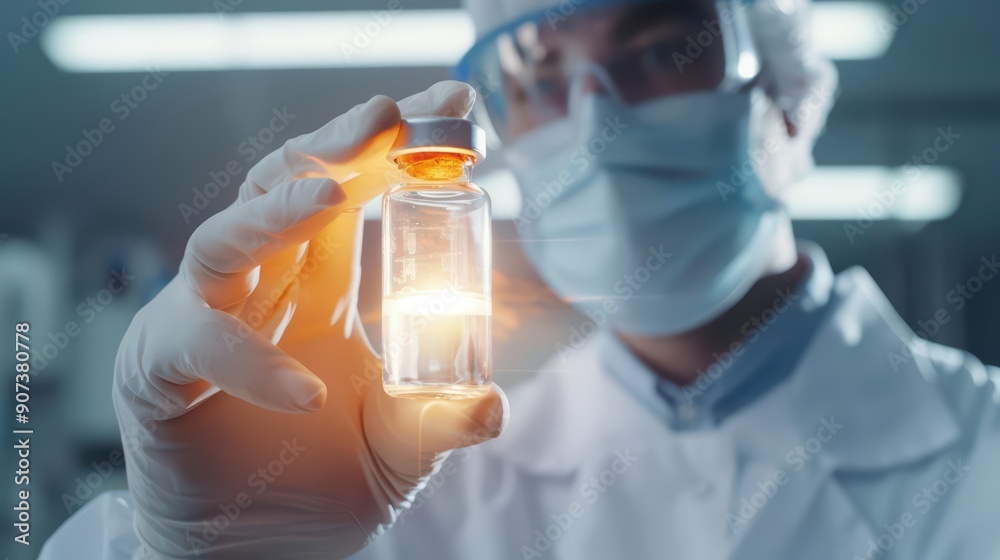 In a pristine laboratory, a scientist examines a glowing vial of breakthrough medicine In a pristine laboratory, a scientist examines a glowing vial of breakthrough medicine