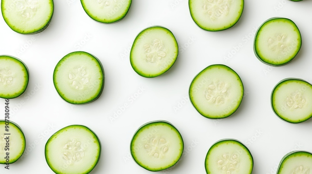 Top-down view of zucchini halves and circular slices, showcasing the freshness and distinct texture. Cleanly presented on a white background Top-down view of zucchini halves and circular slices, showcasing the freshness and distinct texture. Cleanly presented on a white background