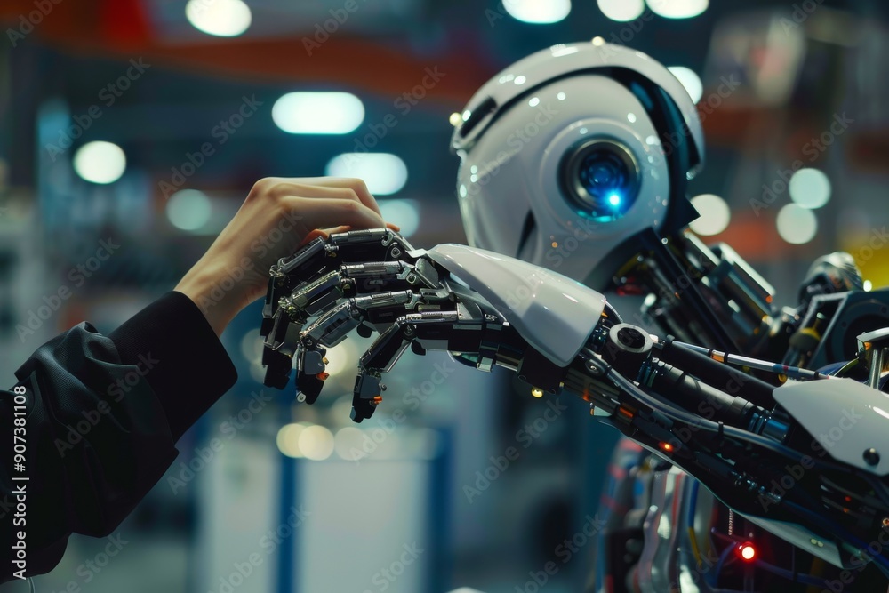 Fototapeta premium A hand holding a small robot, A human adjusting a robot's settings, Ai generated
