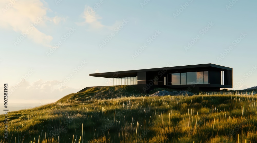 In an ultramodern, supernatural scene, a luxurious home sits atop a serene hill, with sunlight filtering through its massive glass windows In an ultramodern, supernatural scene, a luxurious home sits atop a serene hill, with sunlight filtering through its massive glass windows