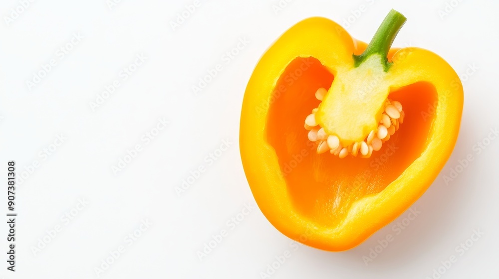Yellow capsicum halved, with seeds and inner rib structure clearly visible. The rich color contrasts beautifully against the white background