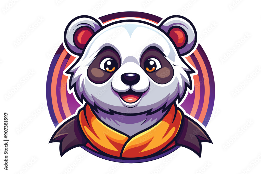 Obraz premium Smiling Cartoon Panda with Orange Scarf and Purple Background
