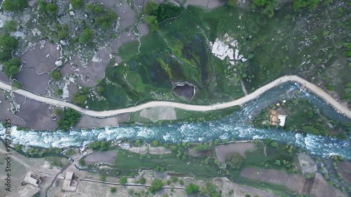 Beautiful Aerial Top-Down View of the River and Road in Kunar Province photo