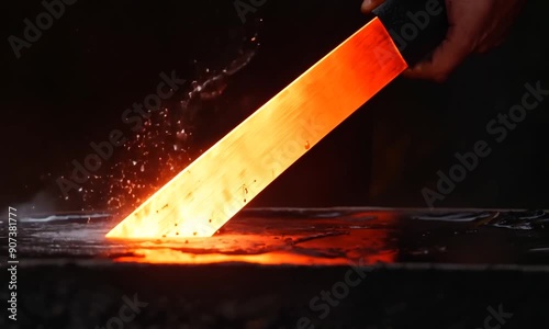 Blacksmith quenching a red-hot blade