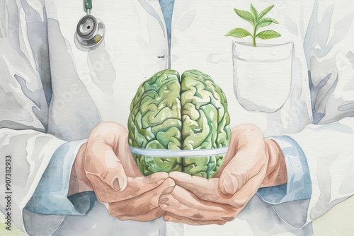 The watercolor depiction of a science lab showed a doctor presenting a ribbonwrapped vegetable brain model photo