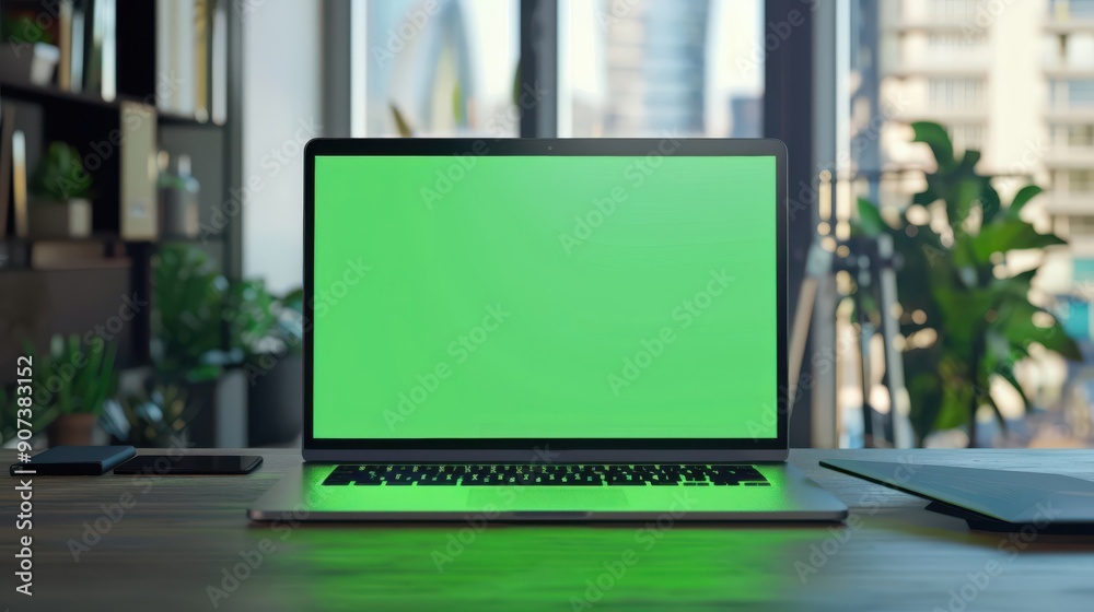 Laptop with green screen placed on a workstation, offering clear copy space for creative design or text. Laptop with green screen placed on a workstation, offering clear copy space for creative design or text.