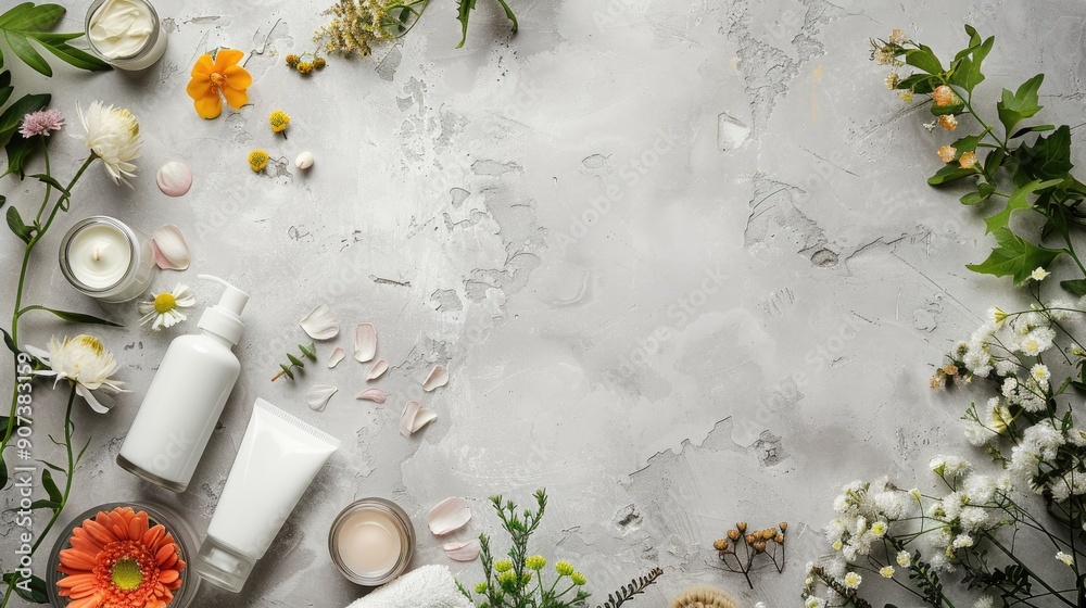 Skin care products with floral design on gray background laid flat with space for text Skin care products with floral design on gray background laid flat with space for text