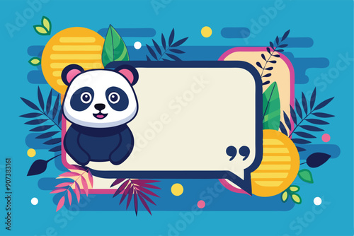 Cute Panda Holding a Blank Speech Bubble with Tropical Leaves