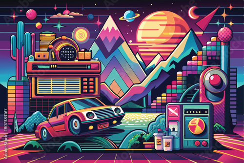 Retro Futuristic Landscape with a Car, Cactus, and Radio
