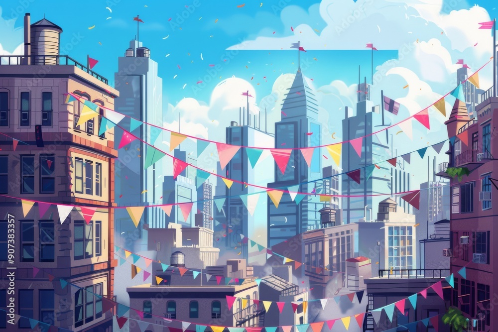 Obraz premium Street scene with buildings adorned with colorful flags, A fantasy city skyline with whimsical architecture and magical elements, AI generated