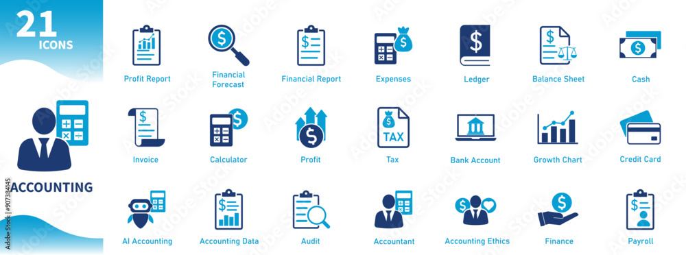 Accounting icon. Set of flat icons on finance, money management, calculations, office work, business, taxes, financial reports Accounting icon. Set of flat icons on finance, money management, calculations, office work, business, taxes, financial reports