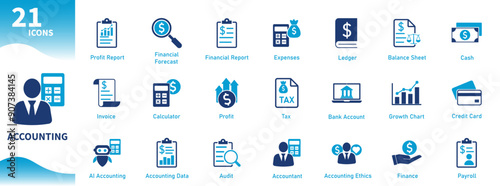 Accounting icon. Set of flat icons on finance, money management, calculations, office work, business, taxes, financial reports