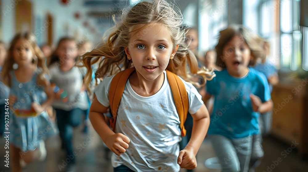 Excited School Kids Running in Hallway Excited School Kids Running in Hallway