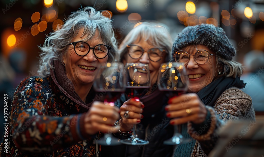 Fototapeta premium Happy senior women drinking red wine at a bar restaurant, enjoying each other's company and laughing together in a city street setting.