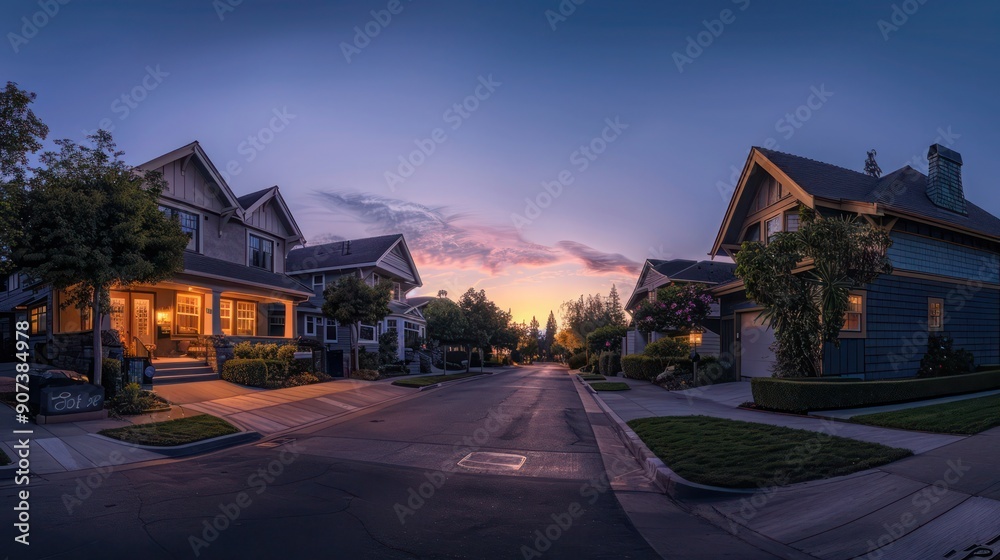Panoramic view of a suburban street at dawn with Craftsman style houses, bathed in tranquil silence and soft morning light Panoramic view of a suburban street at dawn with Craftsman style houses, bathed in tranquil silence and soft morning light