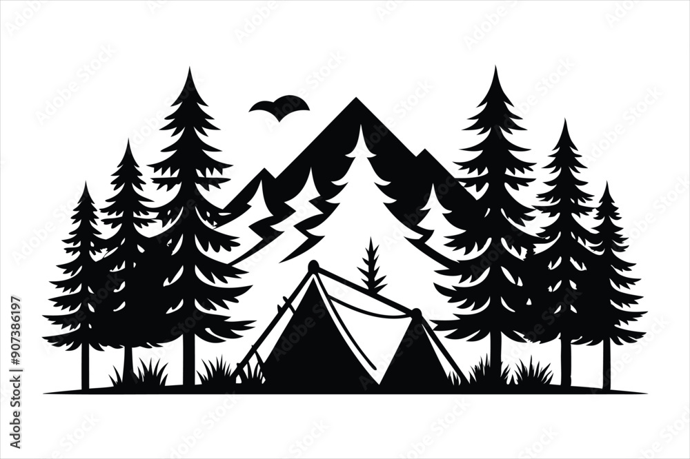 Tent in Forest black vector Tent in Forest black vector