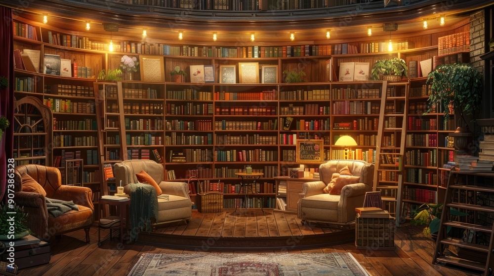 A home library with a cozy, literary cafe design, featuring comfy chairs, warm lighting, and a small stage for readings. A home library with a cozy, literary cafe design, featuring comfy chairs, warm lighting, and a small stage for readings.