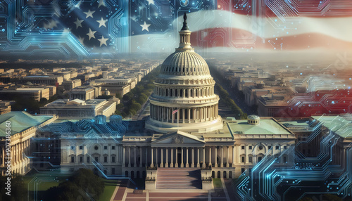 American flag sky behind US Capitol and technology, internet, hacking concept with circuitry overlay.