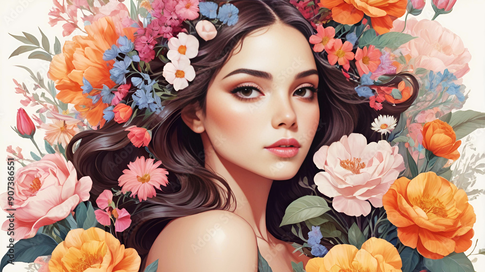 Woman’s portrait with abundant flowers, elegant floral arrangement Woman’s portrait with abundant flowers, elegant floral arrangement