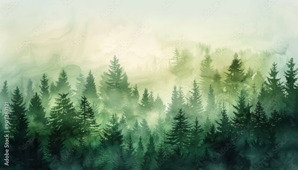 Misty Forest Landscape at Dawn With Evergreen Trees and Soft Light Misty Forest Landscape at Dawn With Evergreen Trees and Soft Light