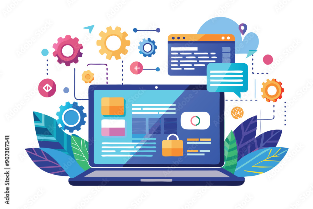 Laptop with Cloud Computing and Web Development Icons Laptop with Cloud Computing and Web Development Icons