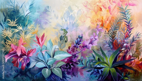 A Watercolor Painting of Vibrant Tropical Flowers and Plants