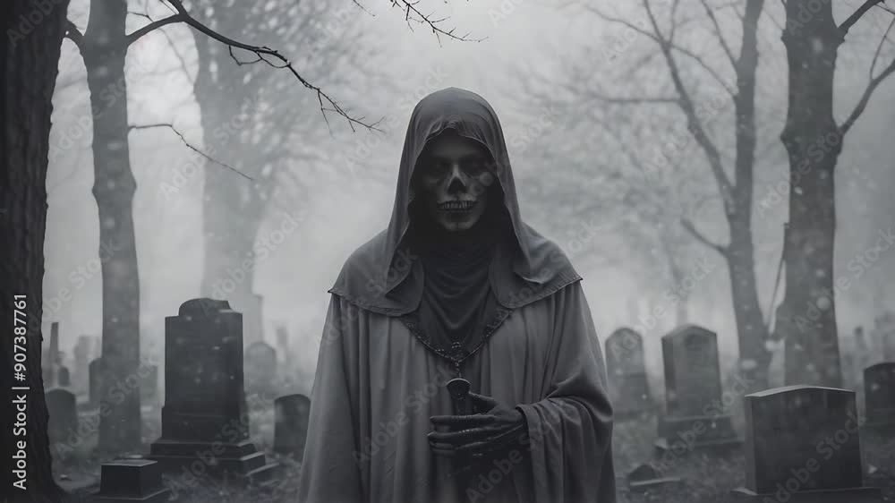 Lich in a Cemetery. A cloaked figure stands silently among tombstones in a foggy graveyard as twilight descends, creating an eerie atmosphere filled with mystery. Lich in a Cemetery. A cloaked figure stands silently among tombstones in a foggy graveyard as twilight descends, creating an eerie atmosphere filled with mystery.