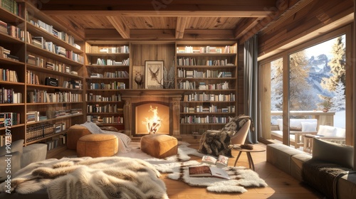 A home library with a cozy, Scandinavian cabin design, featuring light wood, fur throws, and a fireplace.